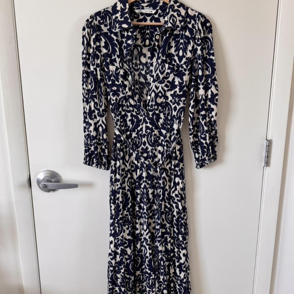 Zara Navy & Cream Geometric Pattern Shirt Dress - Medium